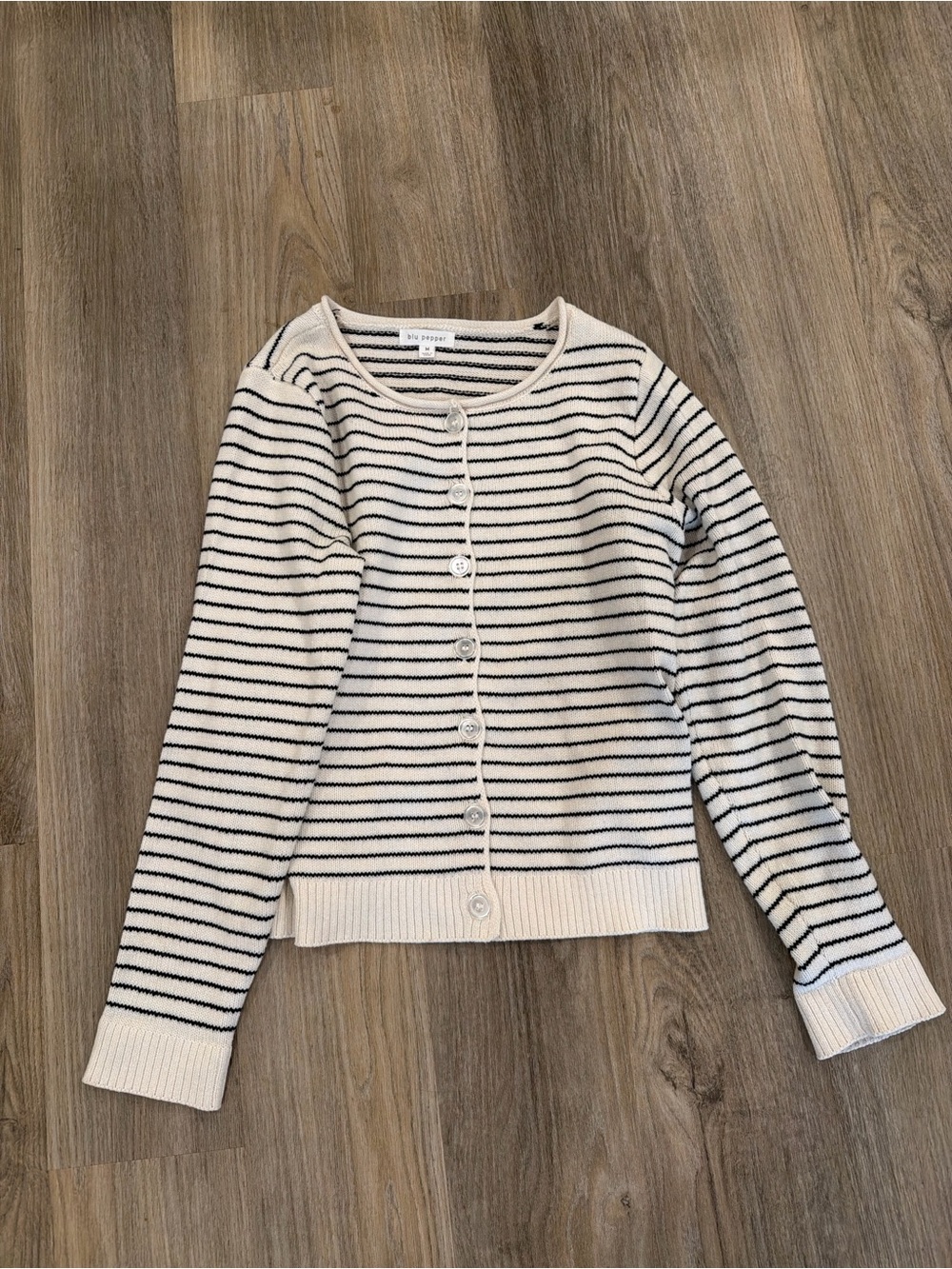 Striped blue pepper Crewneck Button-Front Sweater Cardigan - White & Navy